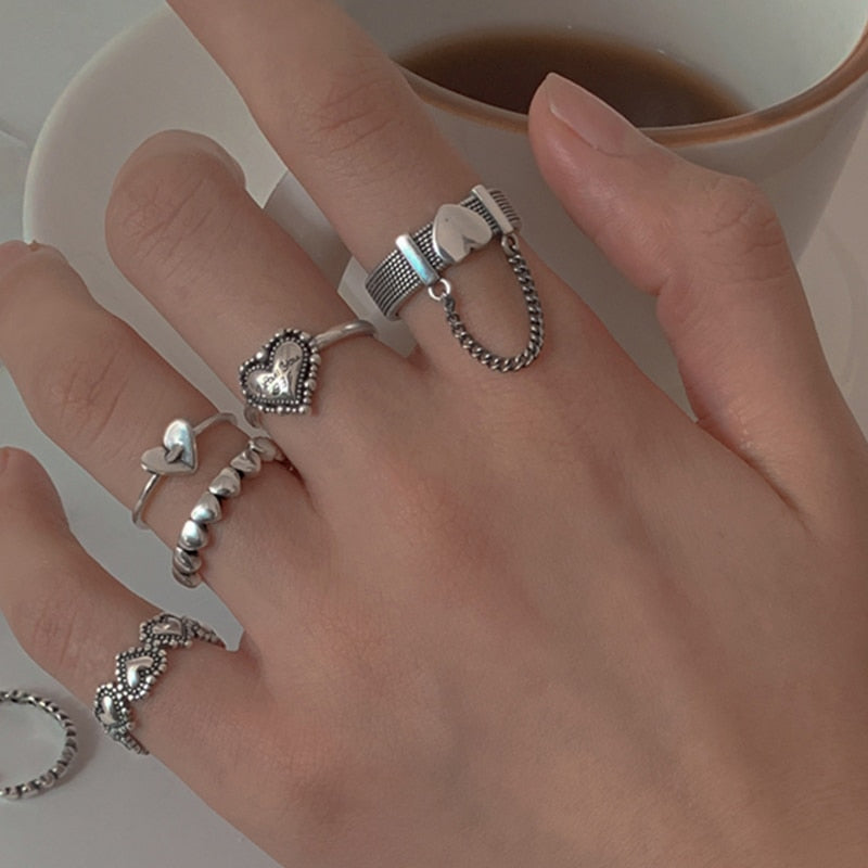 Vintage Hollow Heart Butterfly Rings Set For Women Metal Silver Color Geometric Spiral Shape Ring 22pcs Set 2022 Trendy Jewelry