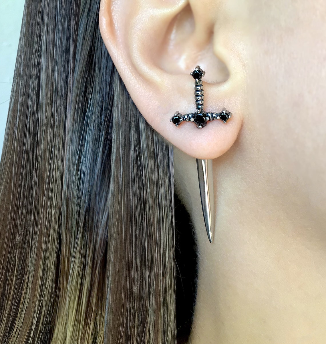 Gothic Kinitial Sword Earrings Vintage Cool Punk Crystal Ear Jacket Goth Dagger Earrings Jewelry Gift For Women