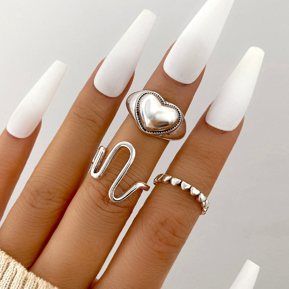 Vintage Hollow Heart Butterfly Rings Set For Women Metal Silver Color Geometric Spiral Shape Ring 22pcs Set 2022 Trendy Jewelry