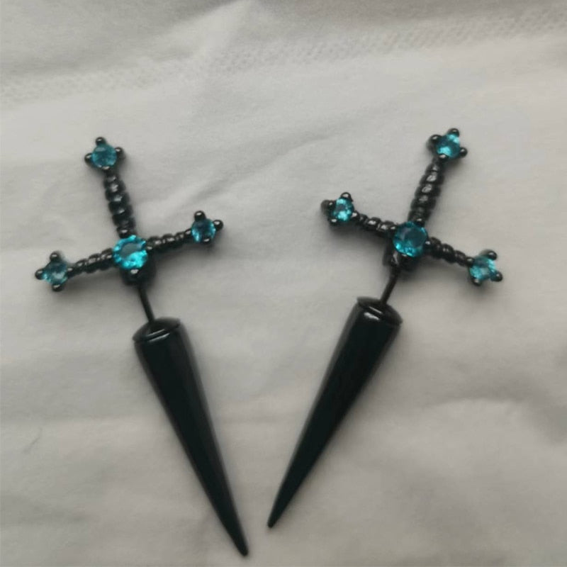 Gothic Kinitial Sword Earrings Vintage Cool Punk Crystal Ear Jacket Goth Dagger Earrings Jewelry Gift For Women