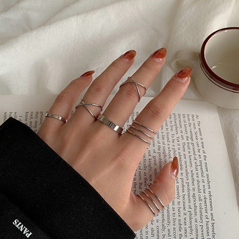 Vintage Hollow Heart Butterfly Rings Set For Women Metal Silver Color Geometric Spiral Shape Ring 22pcs Set 2022 Trendy Jewelry