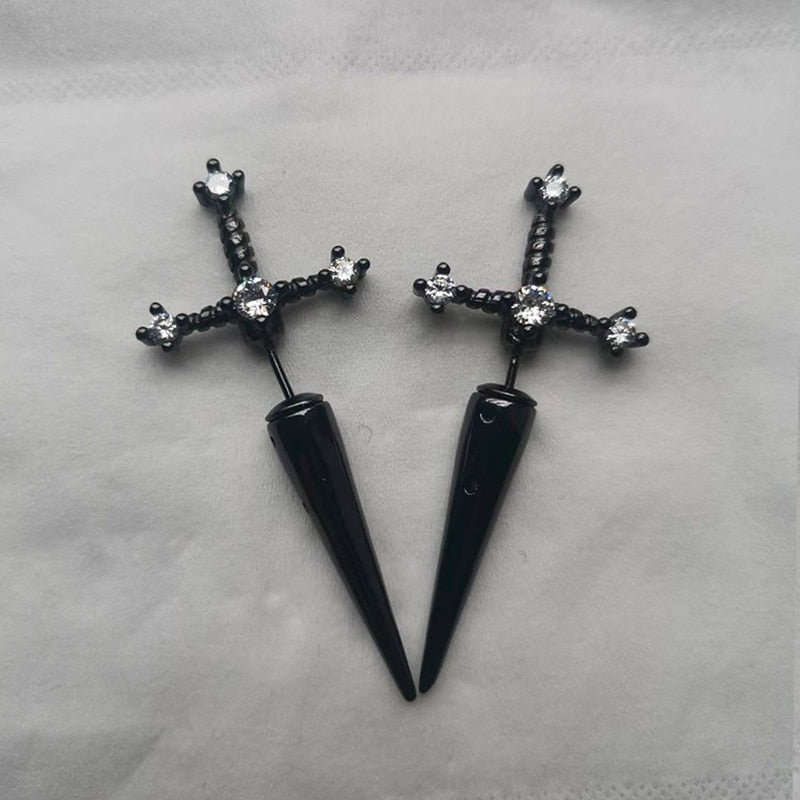 Gothic Kinitial Sword Earrings Vintage Cool Punk Crystal Ear Jacket Goth Dagger Earrings Jewelry Gift For Women
