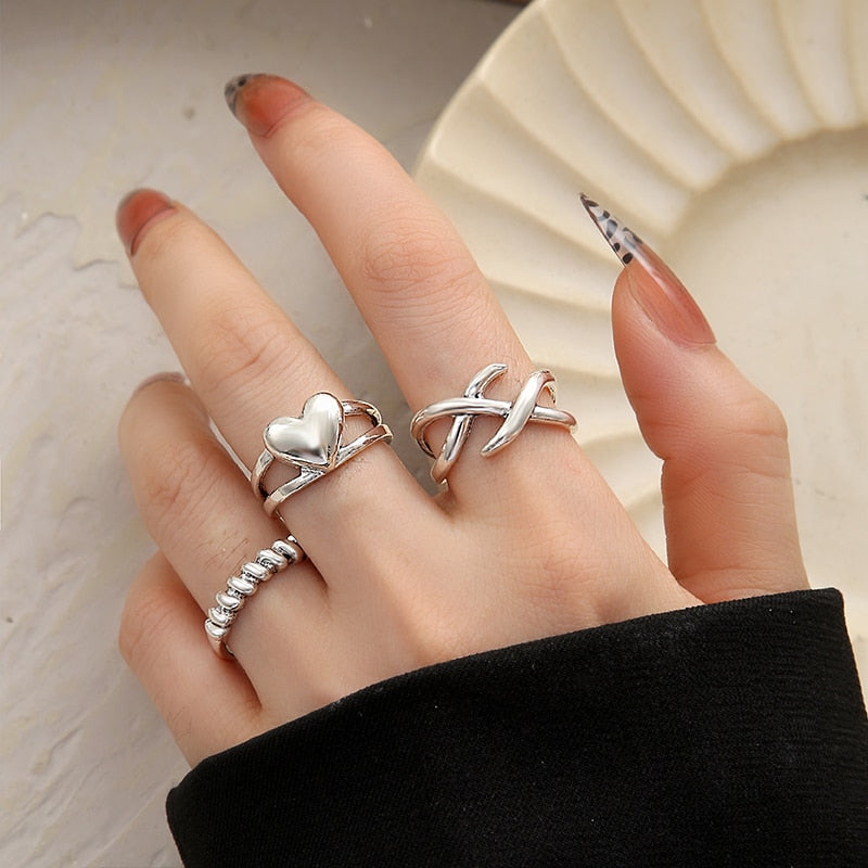 Vintage Hollow Heart Butterfly Rings Set For Women Metal Silver Color Geometric Spiral Shape Ring 22pcs Set 2022 Trendy Jewelry