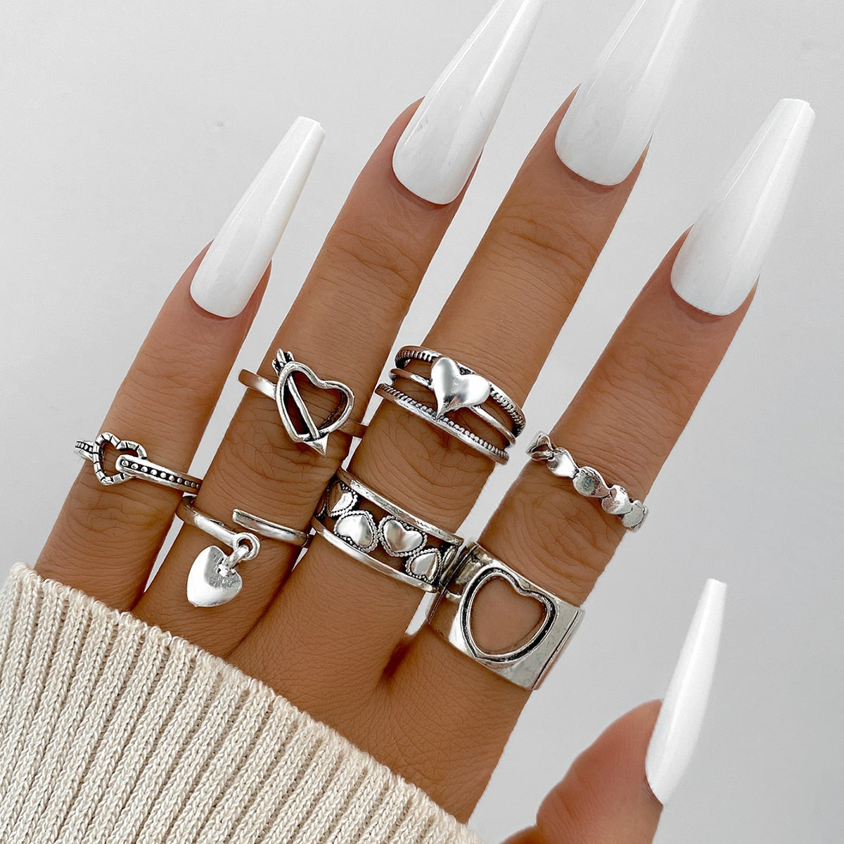 Vintage Hollow Heart Butterfly Rings Set For Women Metal Silver Color Geometric Spiral Shape Ring 22pcs Set 2022 Trendy Jewelry