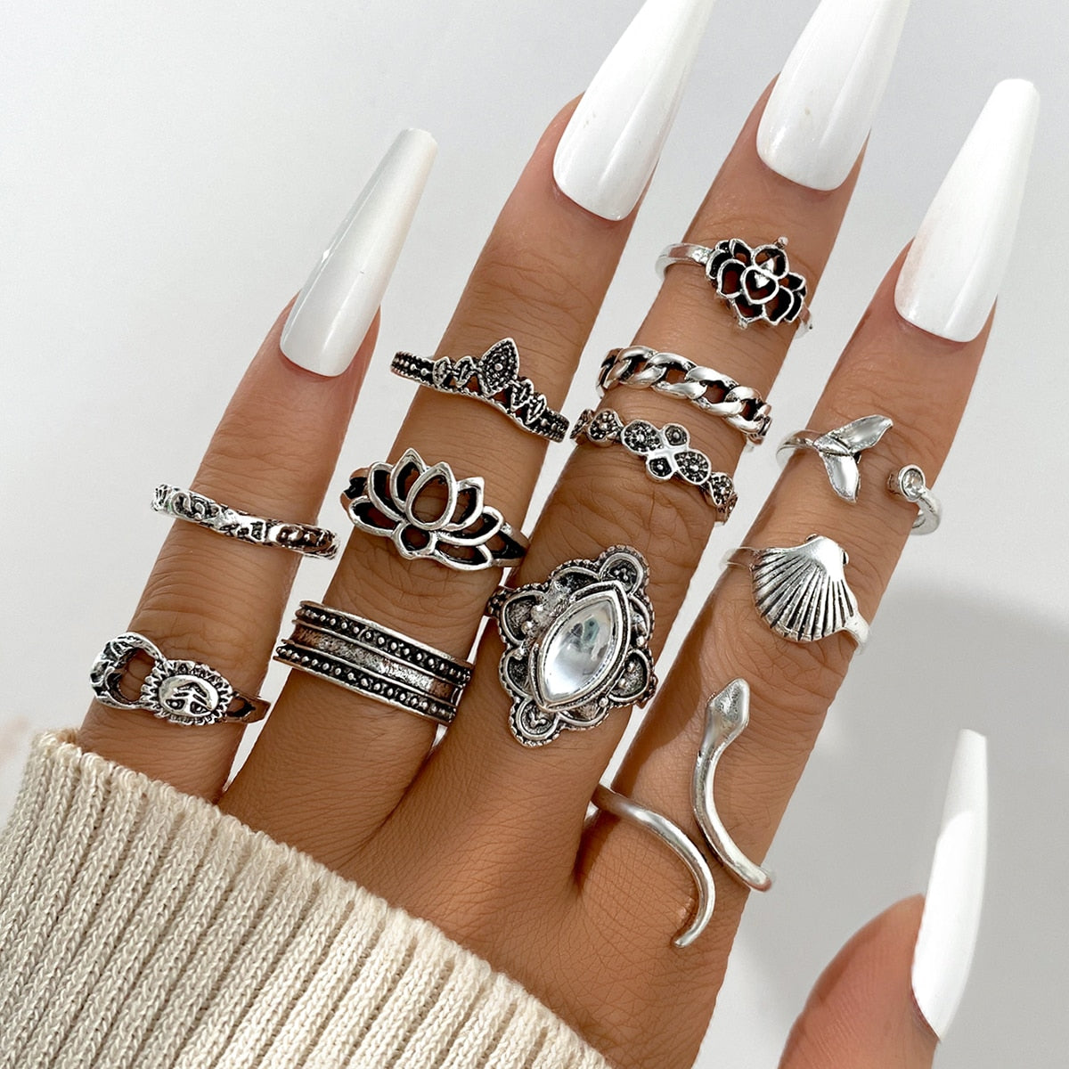 Vintage Hollow Heart Butterfly Rings Set For Women Metal Silver Color Geometric Spiral Shape Ring 22pcs Set 2022 Trendy Jewelry