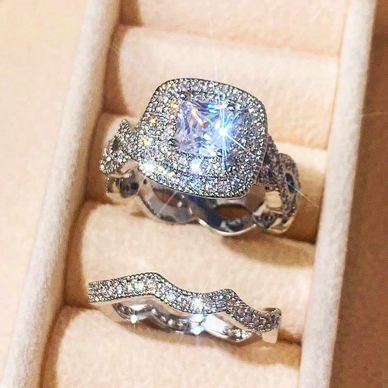 CAOSHI Fashion Wedding Ring Set for Women Dazzling Square Zirconia Luxury Lady Accessories Set Trendy Delicate Bridal Jewelry