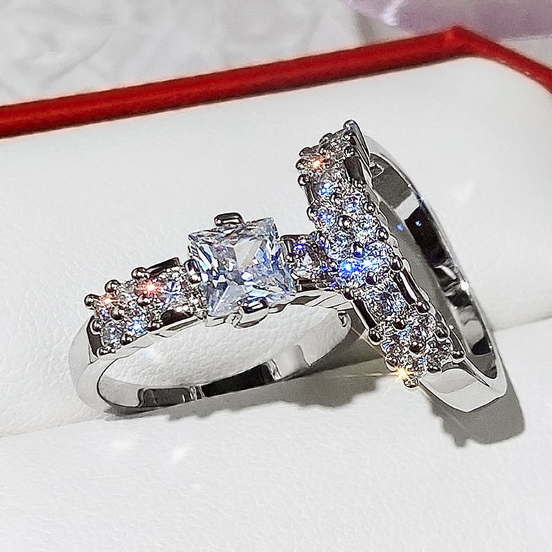 CAOSHI Fashion Wedding Ring Set for Women Dazzling Square Zirconia Luxury Lady Accessories Set Trendy Delicate Bridal Jewelry
