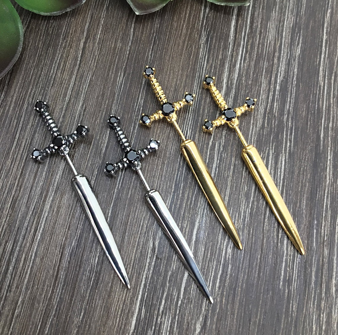 Gothic Kinitial Sword Earrings Vintage Cool Punk Crystal Ear Jacket Goth Dagger Earrings Jewelry Gift For Women