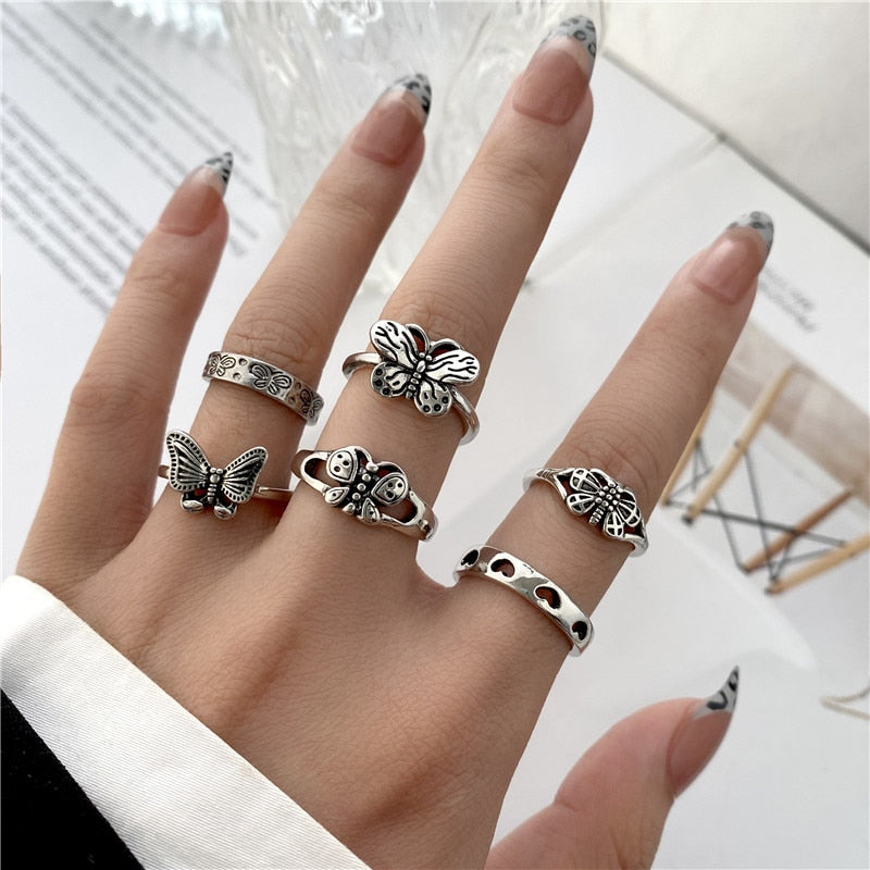 Vintage Hollow Heart Butterfly Rings Set For Women Metal Silver Color Geometric Spiral Shape Ring 22pcs Set 2022 Trendy Jewelry