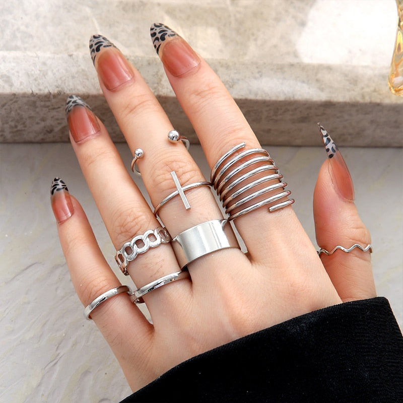 Vintage Hollow Heart Butterfly Rings Set For Women Metal Silver Color Geometric Spiral Shape Ring 22pcs Set 2022 Trendy Jewelry