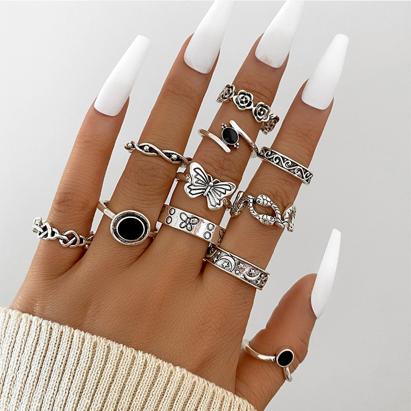 Vintage Hollow Heart Butterfly Rings Set For Women Metal Silver Color Geometric Spiral Shape Ring 22pcs Set 2022 Trendy Jewelry